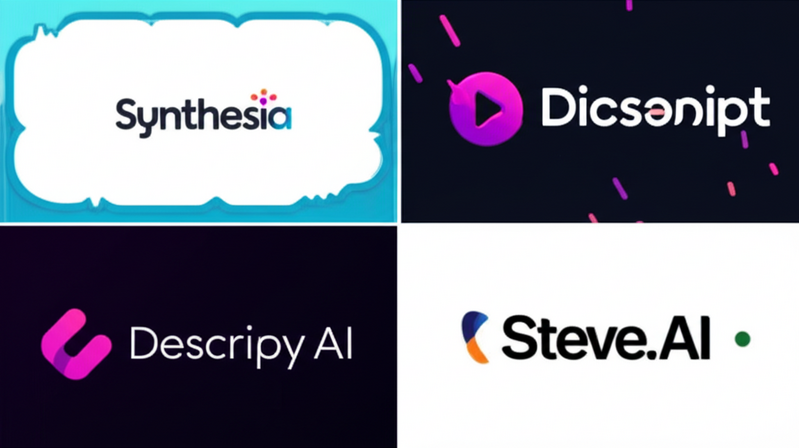 Collage of interfaces from Synthesia, Descript, Pictory AI, and Steve.AI, showcasing leading AI video generation platforms.