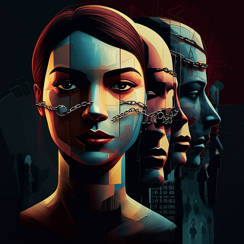 Abstract illustration representing ethical concerns of AI video generation: deepfakes, data privacy, bias, and job displacement.