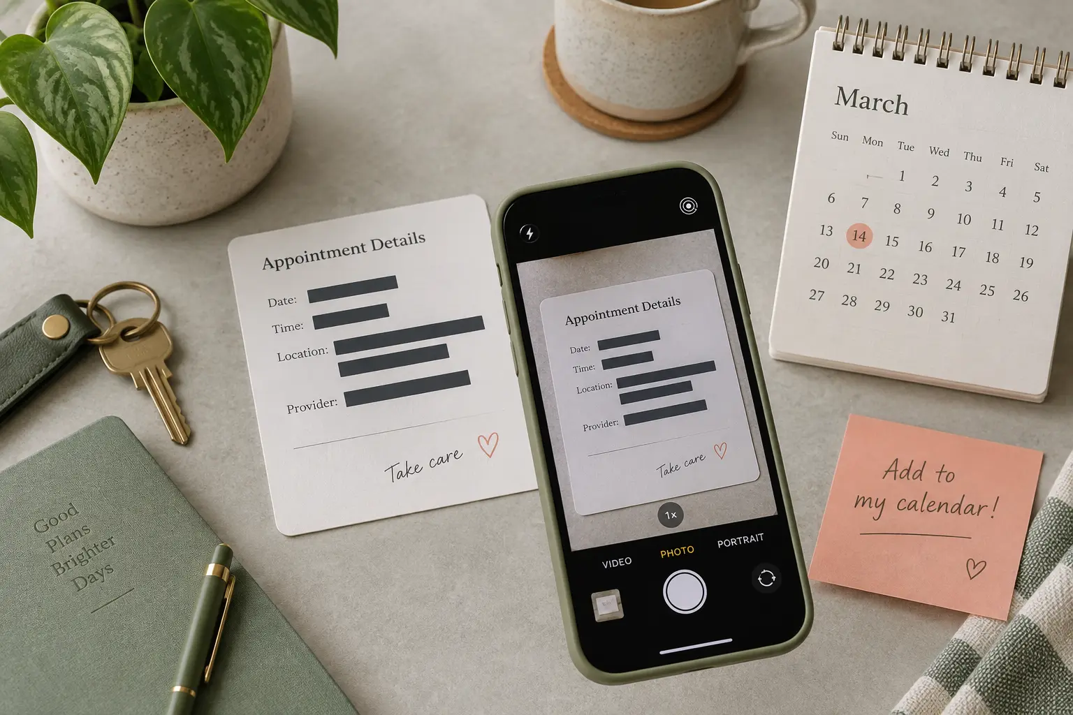 A redacted appointment card beside a phone and calendar blocks