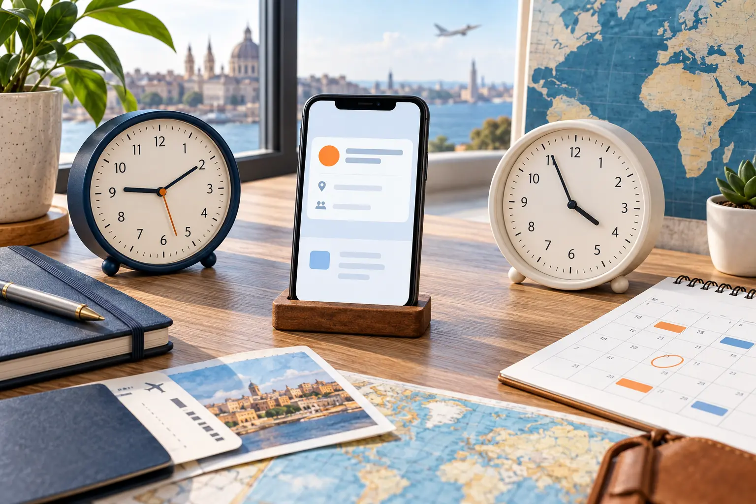 Clocks from several regions connected to a calendar card
