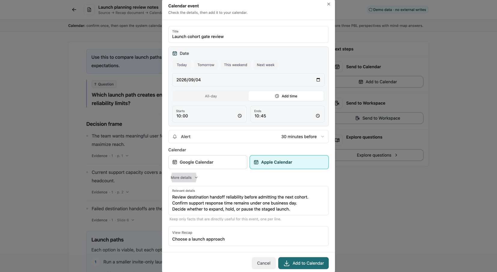 Current local Recap Calendar Sheet with demo data, review fields, Cancel, and Add to Calendar controls