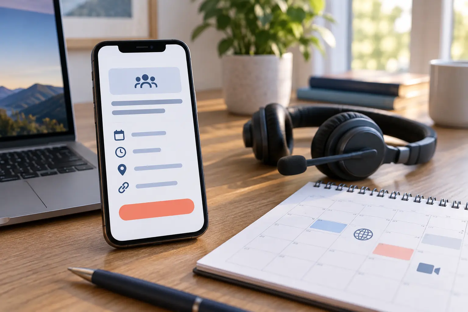 A meeting invitation on a phone beside a headset and calendar card