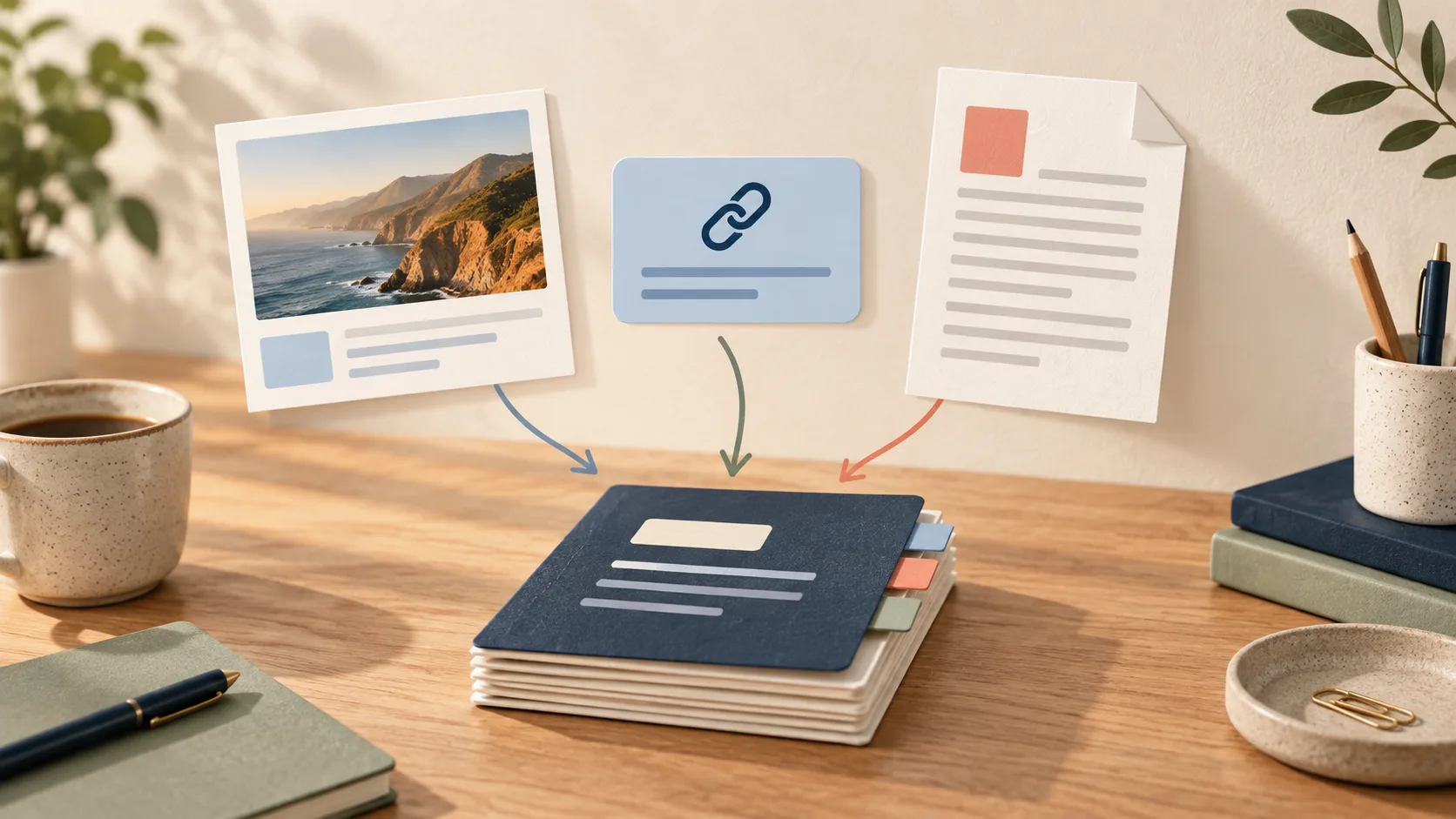 Editorial illustration of a screenshot, link, and PDF resolving into an organized notebook