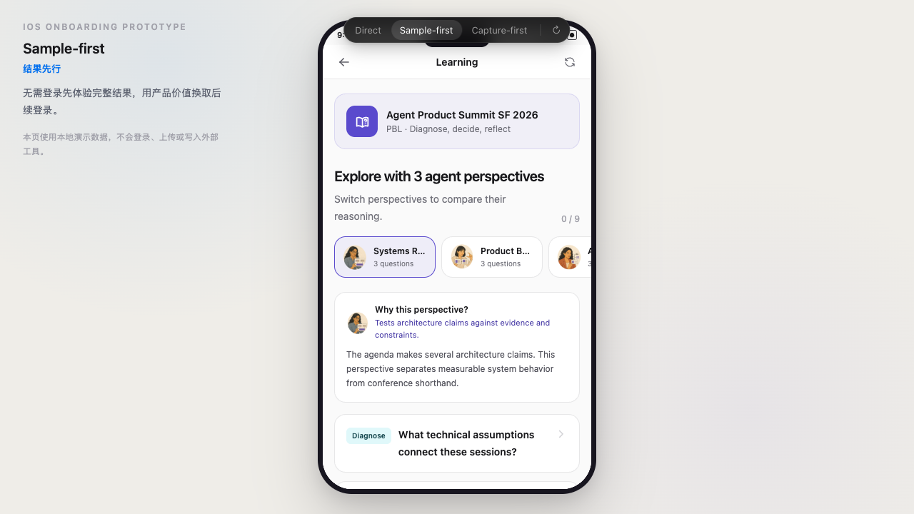 A first-party Recap iOS onboarding prototype screen shows three Learning perspectives and question cards for a sample conference source.