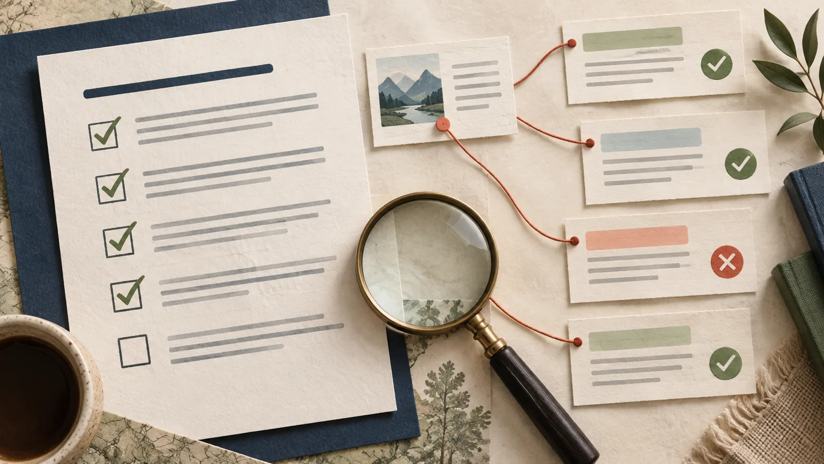 Editorial evidence review scene with a checklist, source card, and one marked gap