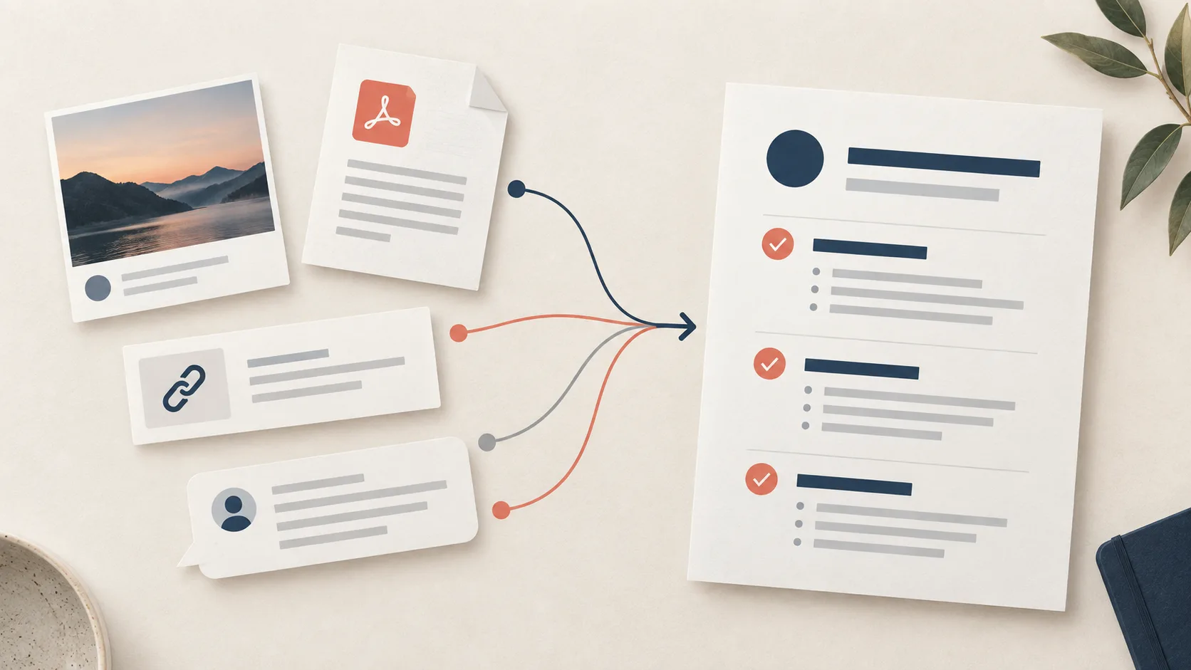 Editorial illustration of screenshots, links, messages, and a PDF converging into one organized document