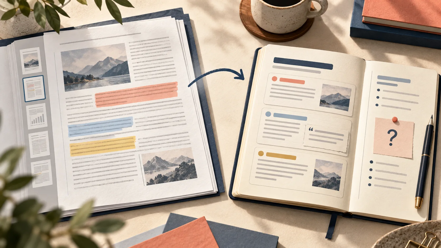 Editorial illustration of a PDF with highlighted sections becoming structured notes and open questions