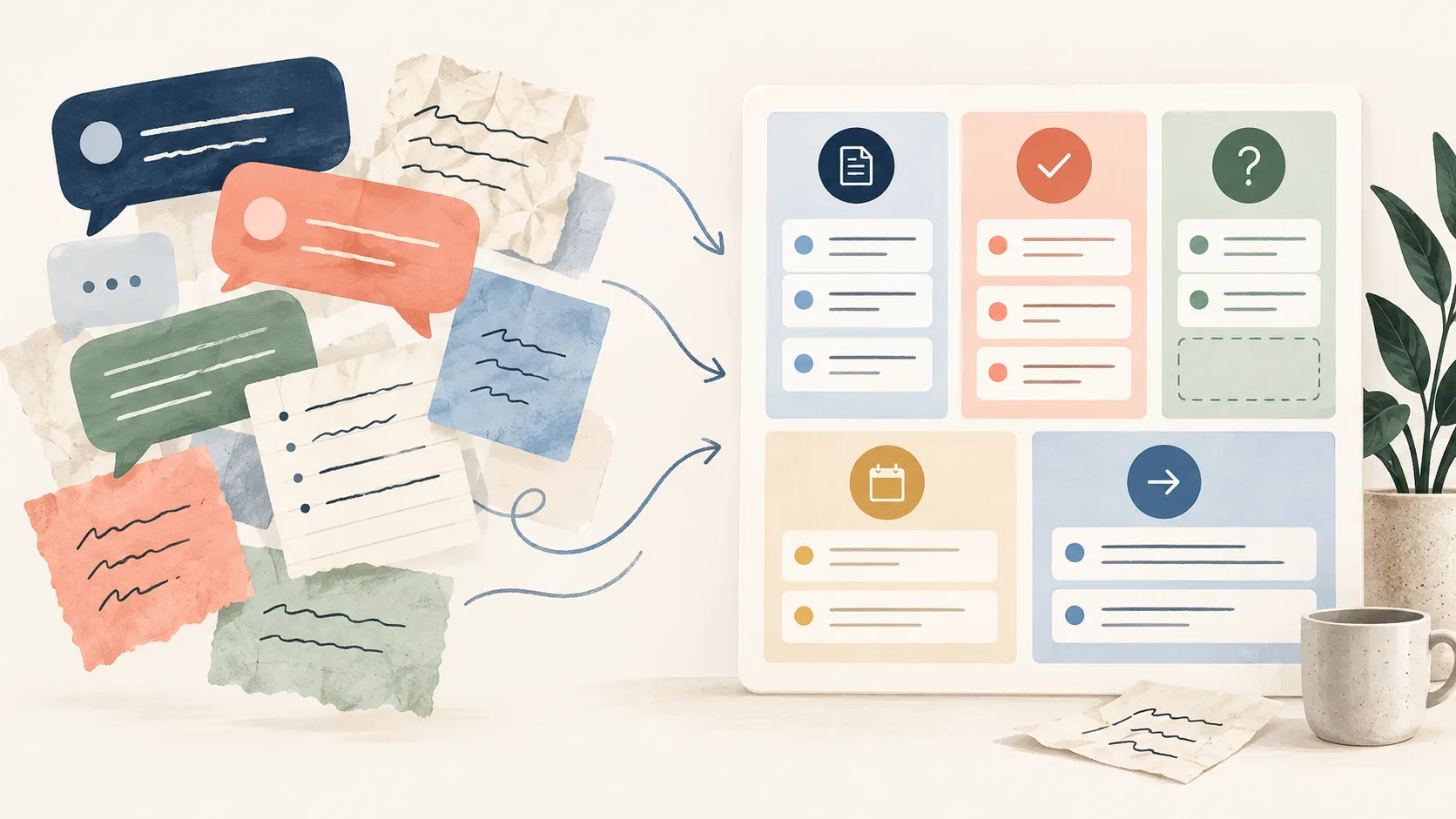 Editorial illustration of scattered message fragments becoming a categorized action document