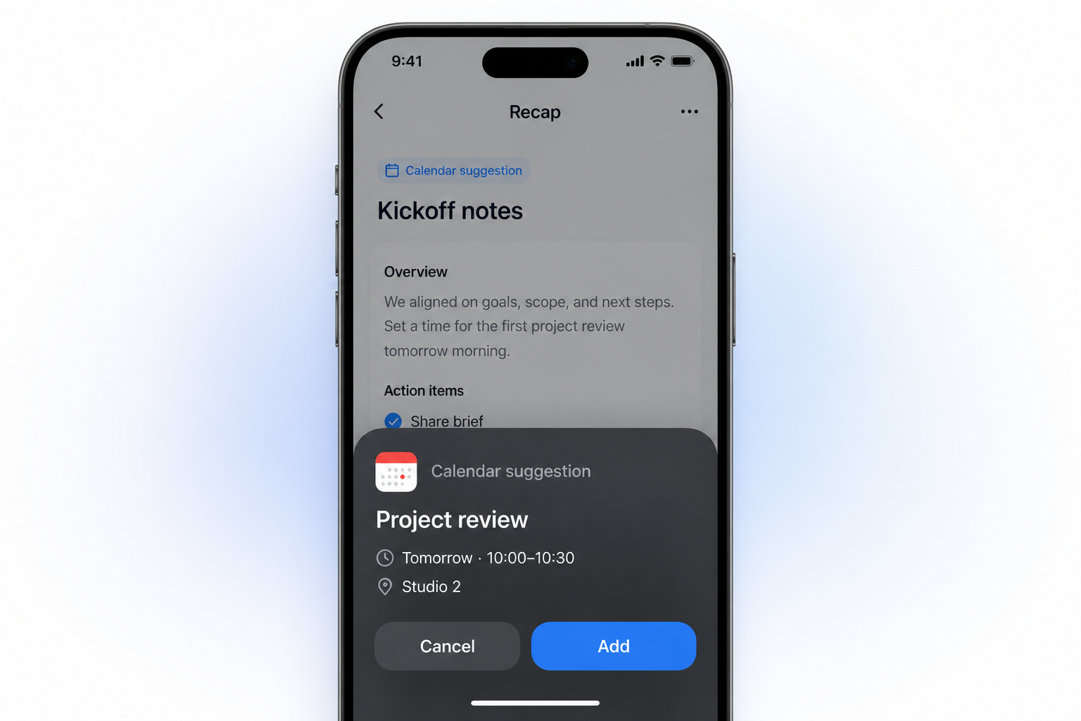 Recap on iPhone showing an Apple Calendar confirmation sheet for a project review event