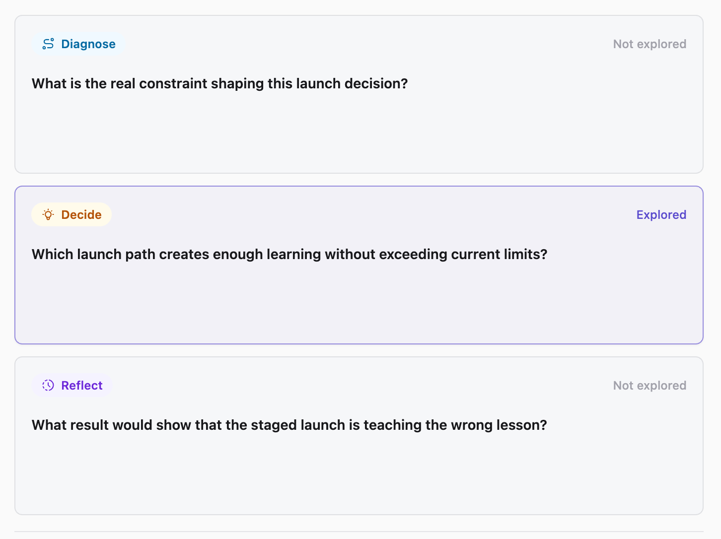 Recap PBL Learning showing Diagnose, Decide, and Reflect question cards