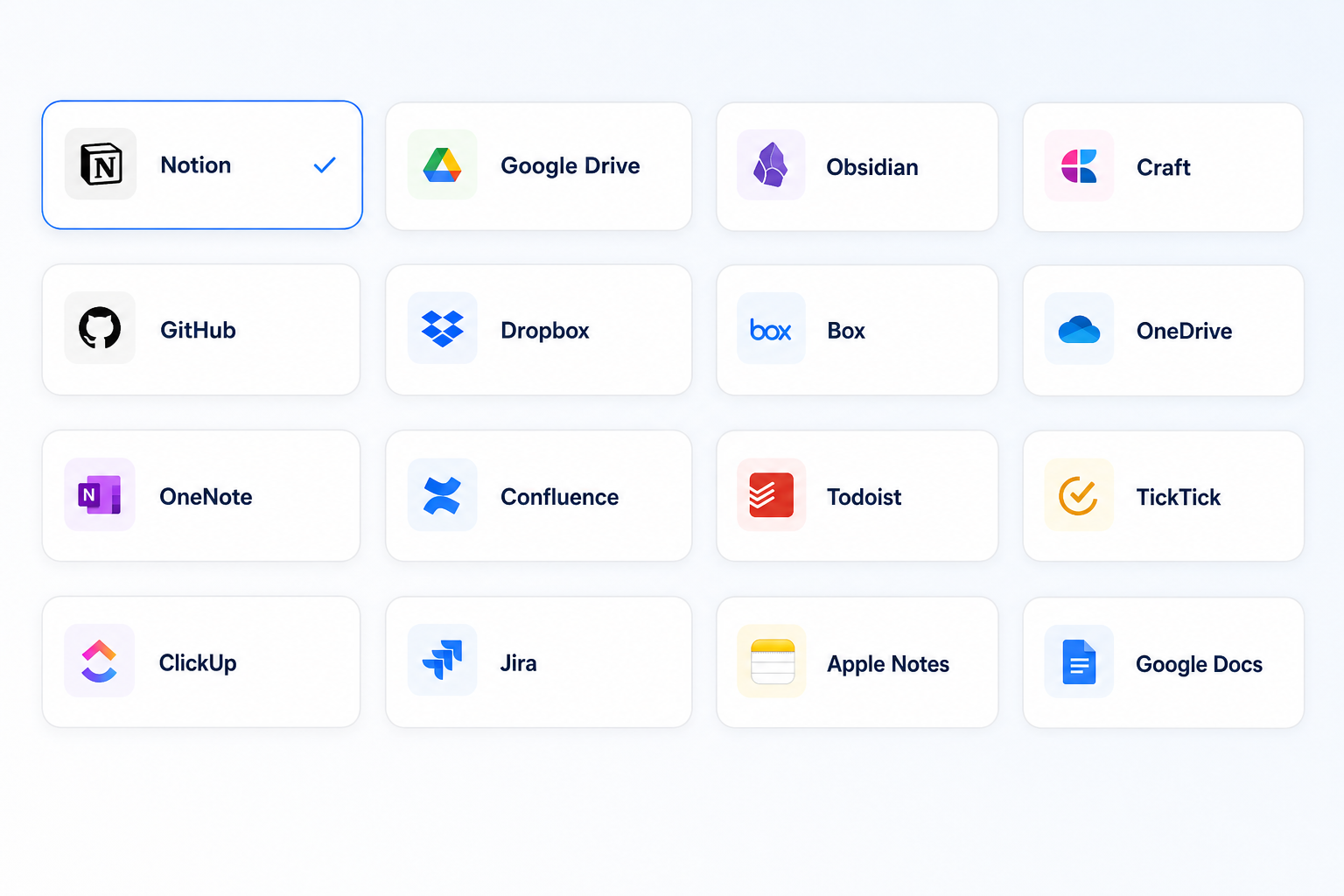 Workspace tools supported by Recap, including Notion, Google Drive, Obsidian, Craft, GitHub, Dropbox, Todoist, TickTick, ClickUp, Jira, Apple Notes, and Google Docs